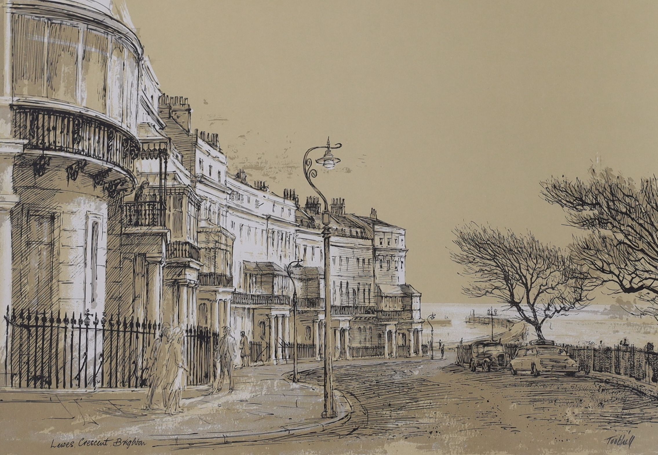 Edward B. Lait, watercolour, 'At Rodmell, Sussex', signed, 15 x 29cm and a print of 'Lewes Crescent, Brighton', by Harry Toothill, signed in pencil, 26 x 38cm